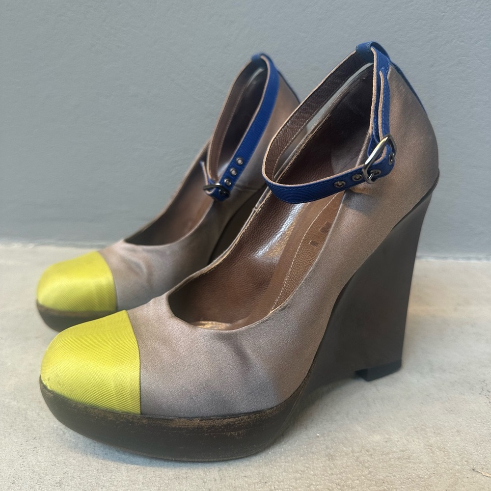 Marni Colorblock Satin Wedge Heels with ankle strap